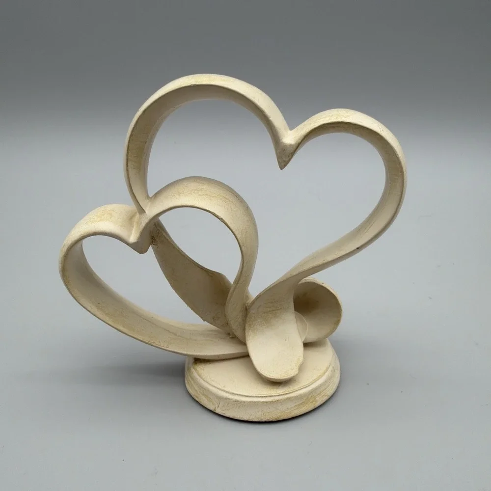 Wedding Cake Topper Wooden Double Heart Luster Tan Sculpture 4.5 inch tall
